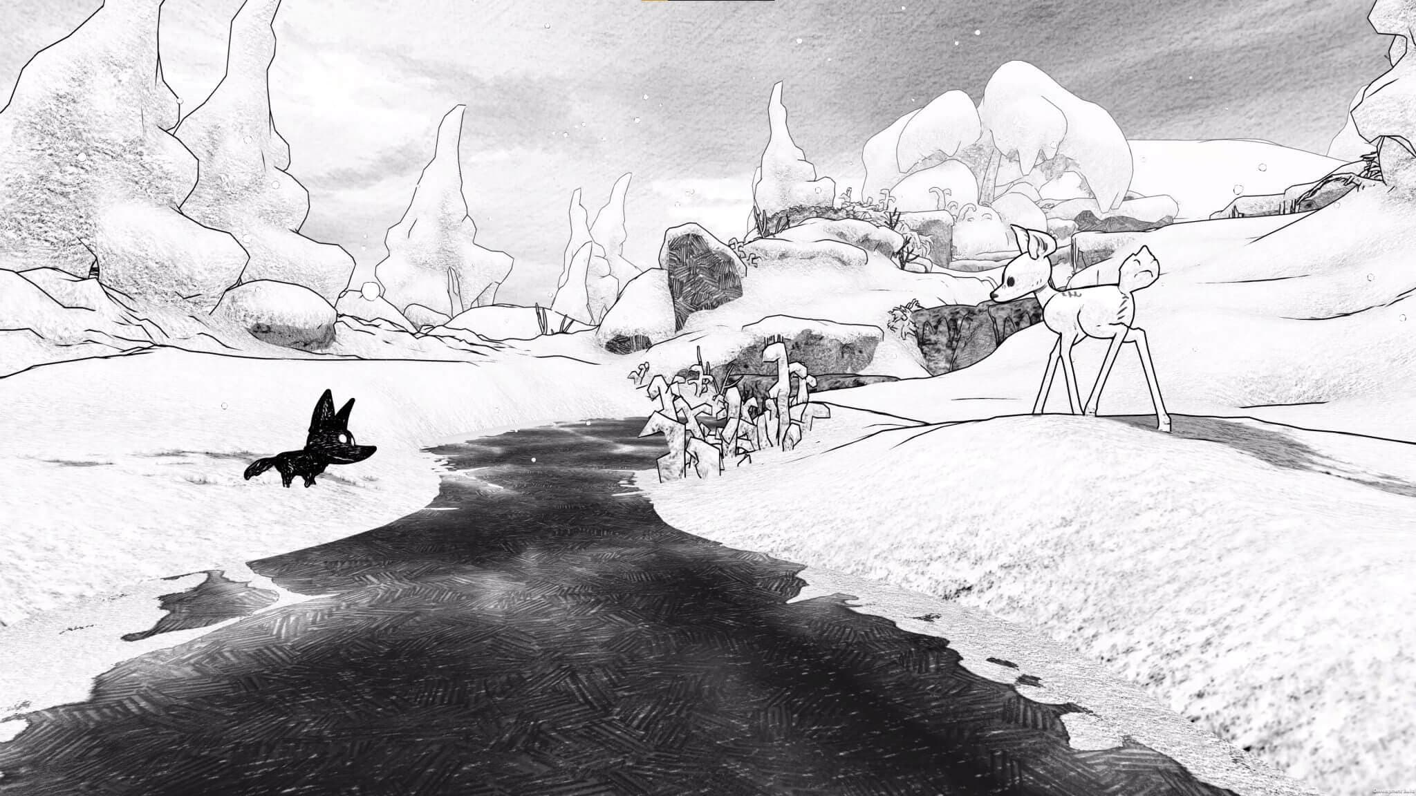 The wolf cub and fawn from Blanc crossing a snowy landscape together